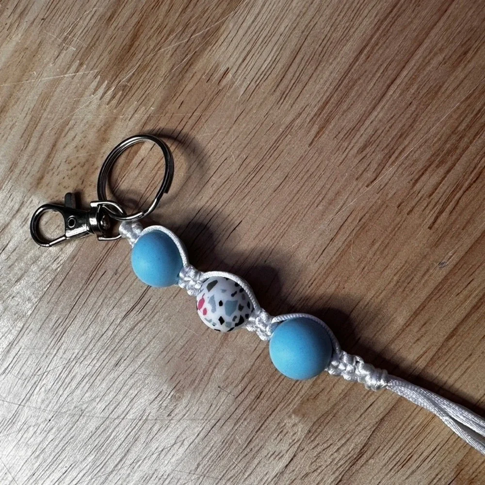 Handmade Macrame Silicone Bead Keychain Blue Terrazzo Boho Bag Charm Silver Tone